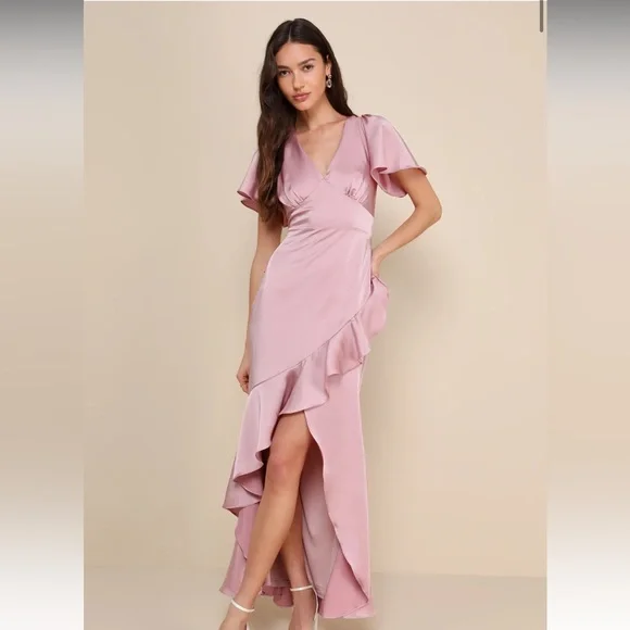 Lulus | Dresses | Eternal Bond Blush Satin Ruffled Flutter Sleeve Maxi Dress  | Poshmark